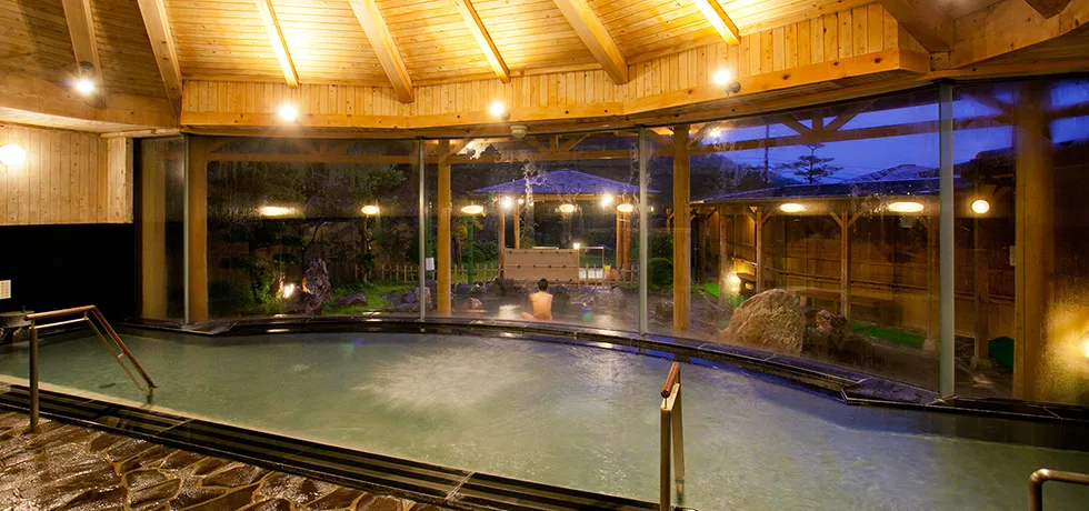 Indoor bath with a view toward the garden