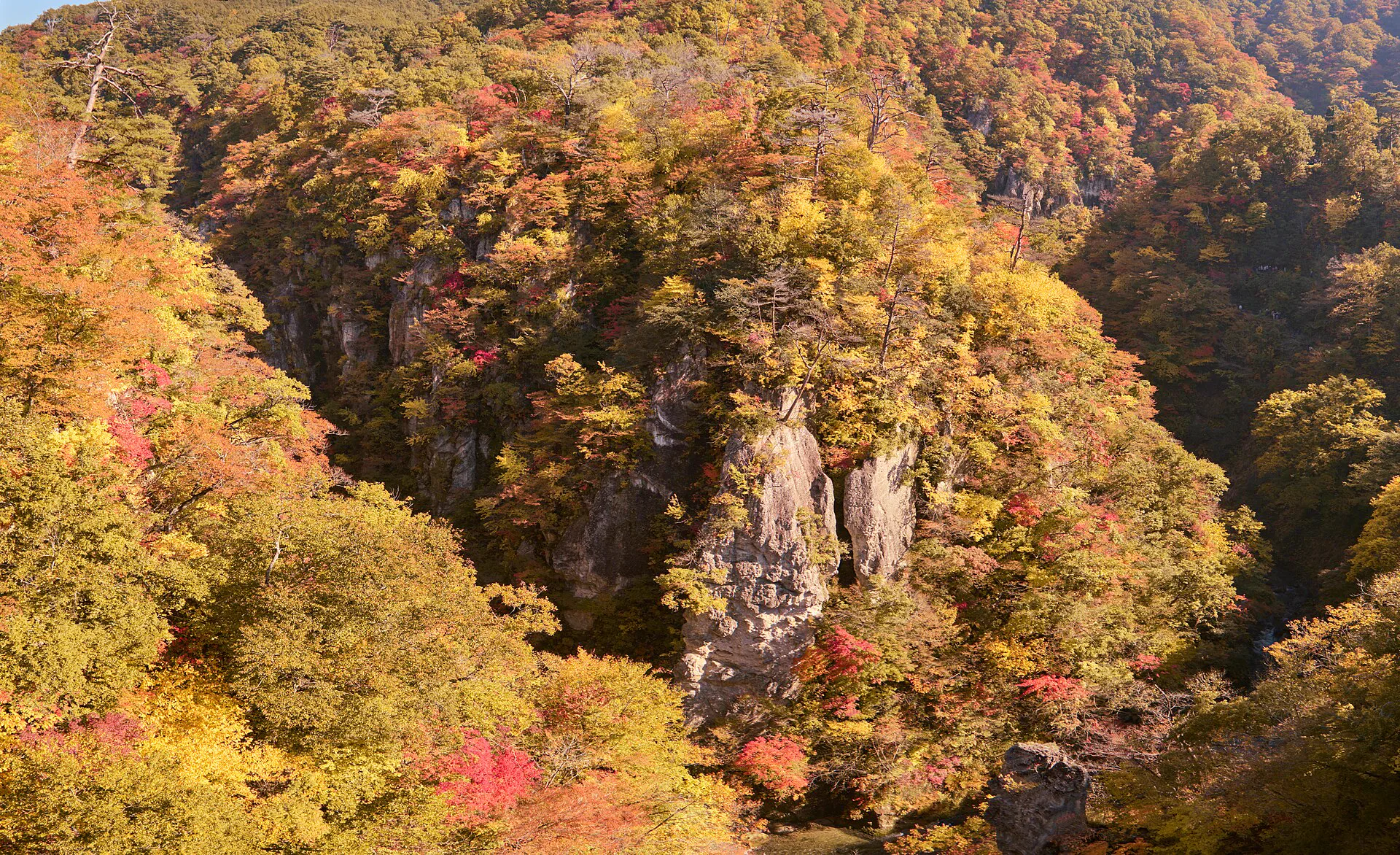 Autumn cliffs and forest at Naruko Gorge, a natural second-day stop on an overnight itinerary