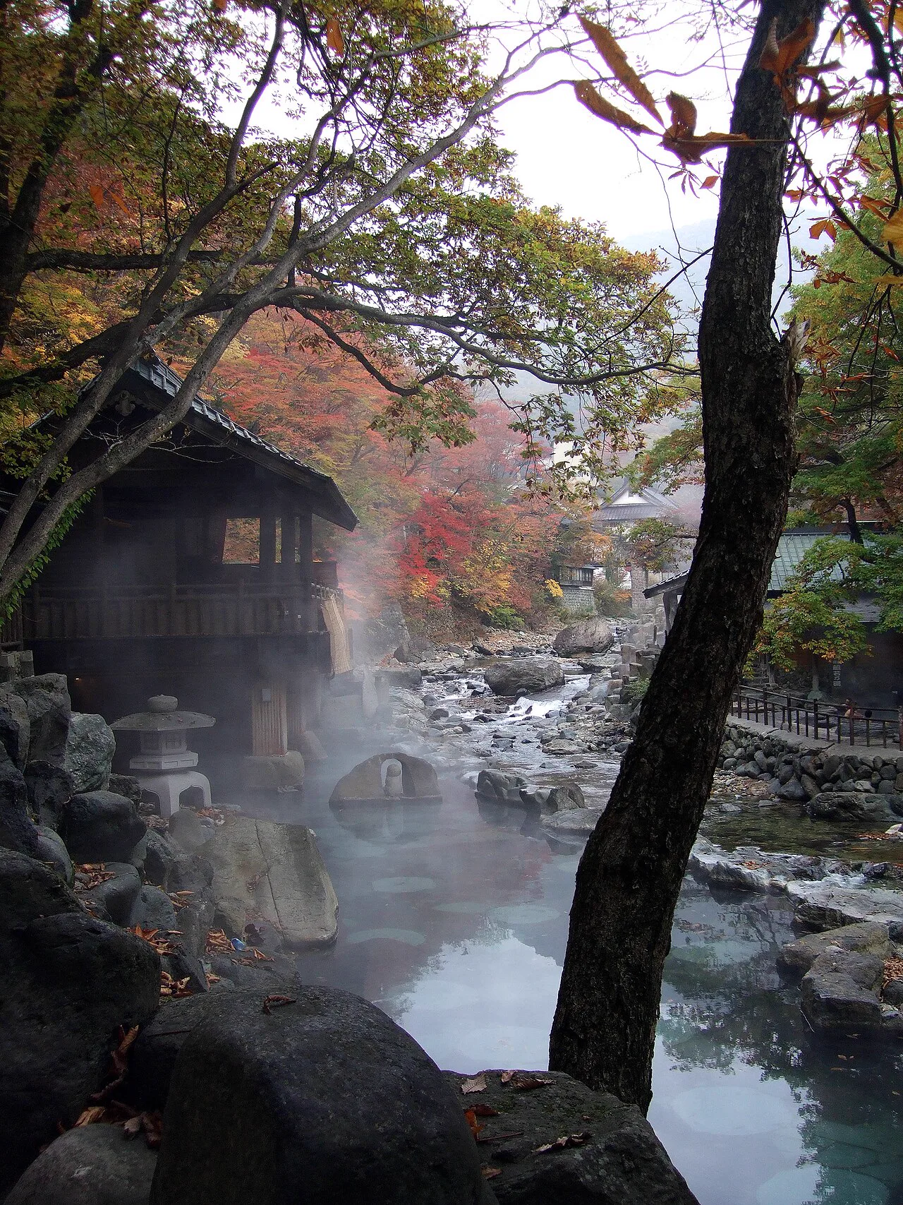 Outdoor hot spring in the Japanese mountains